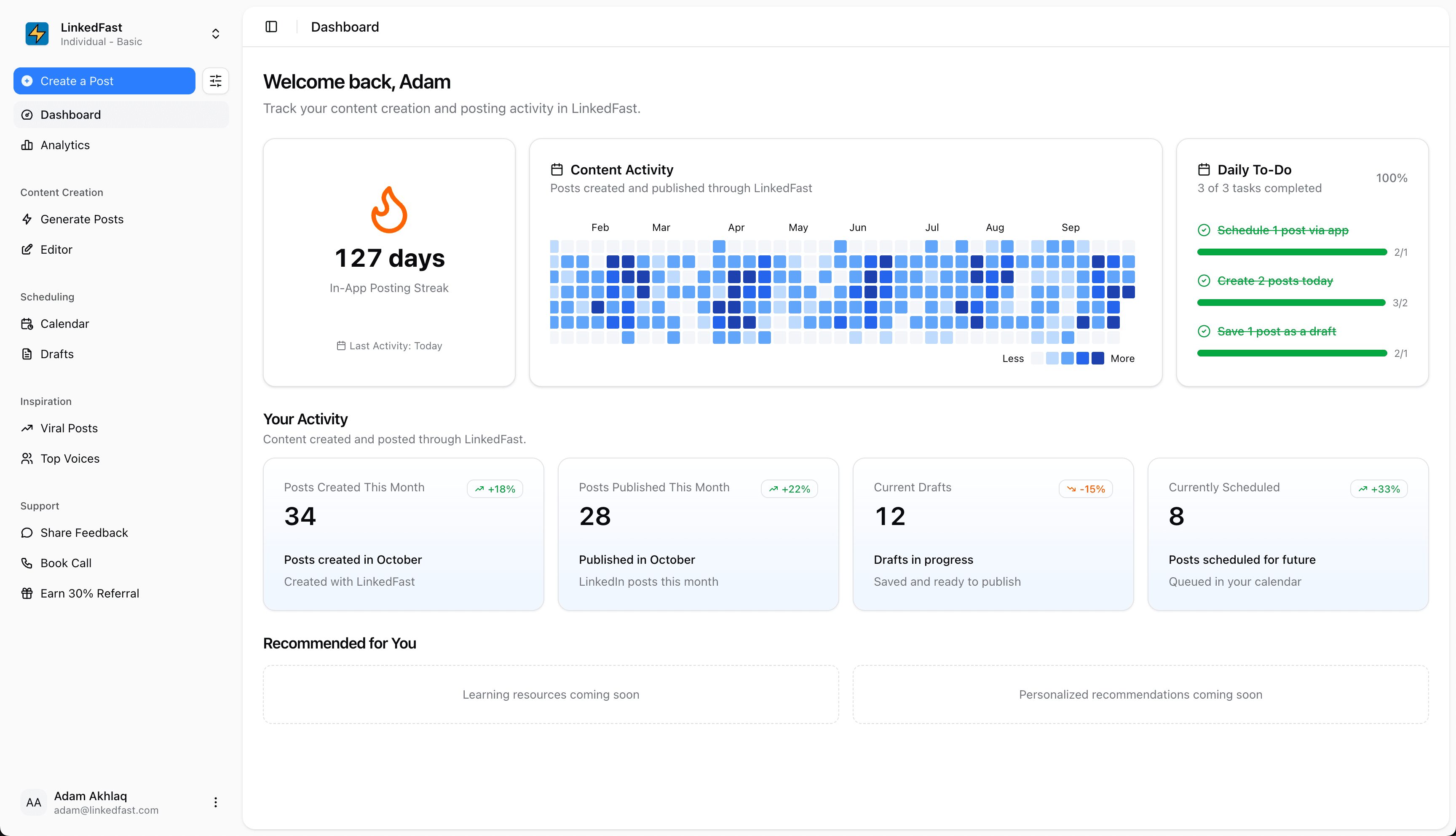 LinkedFast Dashboard Interface